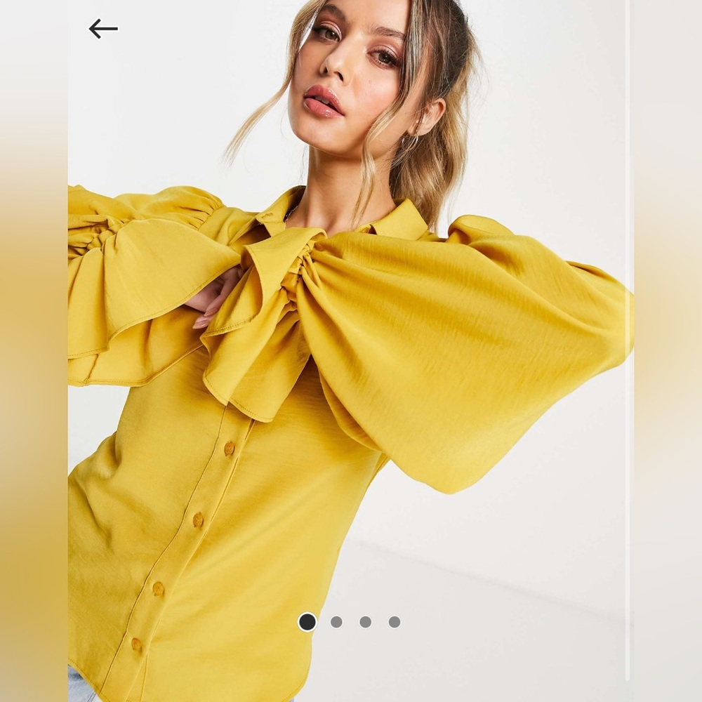 ASOS Yellow Puff Sleeve Blouse with Ruffled Buttoned Design